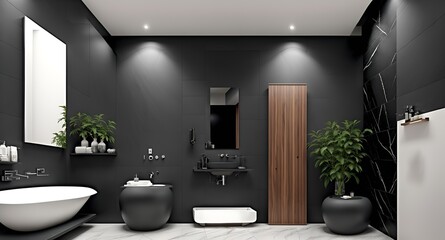 Fototapeta na wymiar Photo of a minimalist black and white bathroom with a touch of greenery