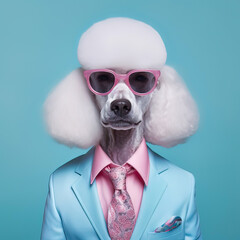Poodle dog wearing sunglasses and pastel blue business suit with tie. Generative AI art