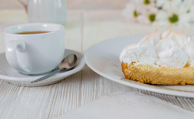 Sponge cakes on plate with cup of coffee .