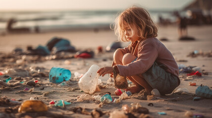 A child plays on a beach strewn with plastic debris, showcasing the intergenerational impact of plastic pollution.