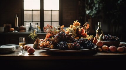 Autumn still life with fruits and wine in a rustic style. Generative AI