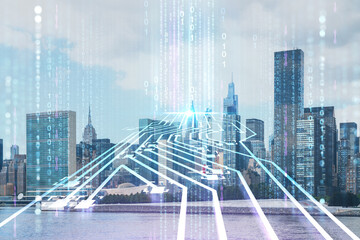 New York City skyline, United Nation headquarters over East River, Manhattan, Midtown at day time, NYC, USA. Artificial Intelligence concept, hologram. AI, machine learning, neural network, robotics