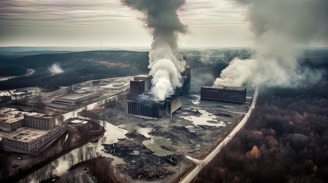 A captivating aerial photograph captures the aftermath of an industrial accident, where thick plumes of smoke billow from a factory chimney, engulfing the surrounding landscape. 
