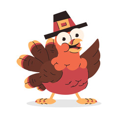 Cute cartoon turkey in pilgrim hat vector Thanksgiving character isolated on a white background.