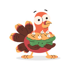 Cute cartoon turkey with pumpkin pie vector Thanksgiving character isolated on a white background.