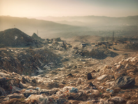 A landfill site stretches far into the distance, filled with towering piles of discarded plastic items.