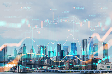 Brooklyn bridge with New York City Manhattan, financial downtown skyline panorama at day time over East River. Forex graph hologram. The concept of internet trading, brokerage and fundamental analysis - obrazy, fototapety, plakaty