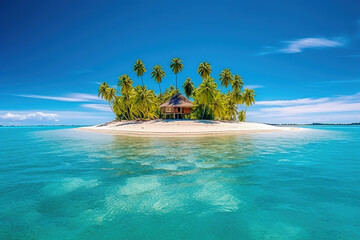 Fototapeta na wymiar Small tropical island with hut and palms surrounded sea blue water, generative AI.