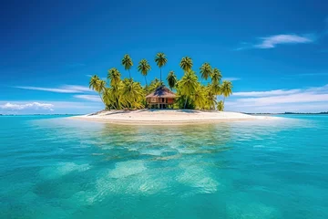 Foto op Canvas Small tropical island with hut and palms surrounded sea blue water, generative AI. © karina_lo