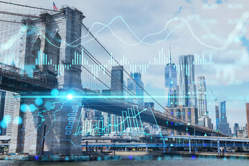 Obraz na płótnie Canvas Brooklyn bridge with New York City Manhattan, financial downtown skyline panorama at day time over East River. Forex graph hologram. The concept of internet trading, brokerage and fundamental analysis
