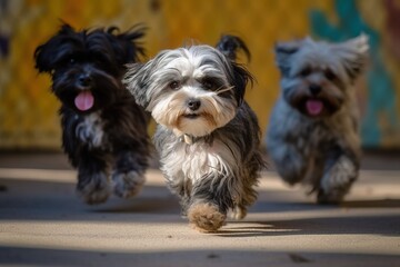 Three Yorkshire Terrier puppies running in the park. Selective focus.. Generative AI