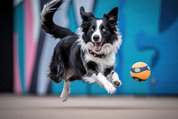 Border collie jumping with a ball against a background of a wall. Generative AI - obrazy, fototapety, plakaty