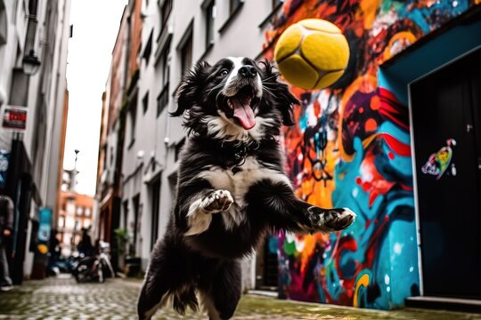 Funny portrait of border collie dog jumping with a tennis ball in the street. Generative AI