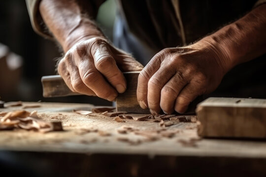 Carpenter working on a wood, old hands close up, workshop background. Generative AI