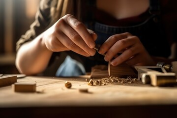 Carpenter working on a wood, female hands close up, workshop background. Generative AI