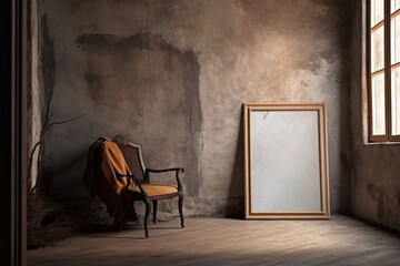 A minimalist living room with a white chair, a black empty wall mockup, and a picture frame. Elegant and simple design with a mid-century style lamp. Is AI Generative.