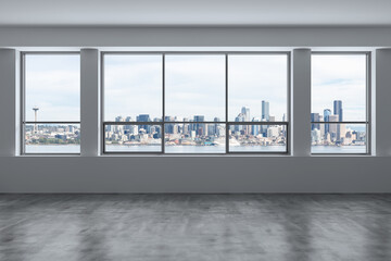 Fototapeta na wymiar Empty room Interior Skyscrapers View. Cityscape Downtown Seattle City Skyline Buildings from High Rise Window. Beautiful Real Estate. Day time. 3d rendering.