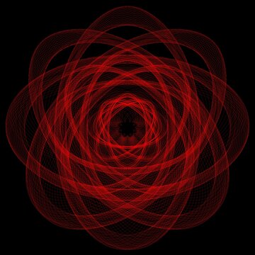abstract creatively decorative shiny red wavy lines and dots in dark space . hand drawn . not designed with AI . 