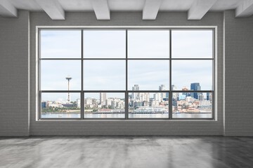 Plakat Empty room Interior Skyscrapers View. Cityscape Downtown Seattle City Skyline Buildings from High Rise Window. Beautiful Real Estate. Day time. 3d rendering.