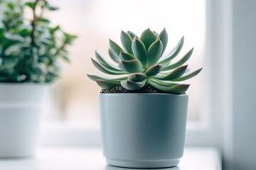 Succulent plant in a white pot on the windowsill.