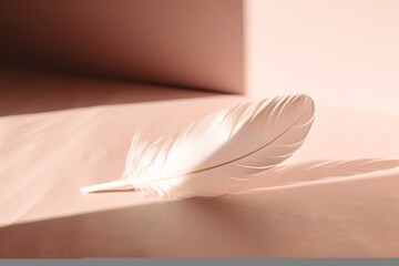 White feather on a beige background. Close-up photo.