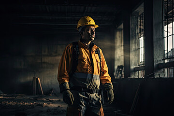 Construction site worker in hardhat looking away from camera, high quality generative ai