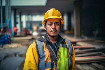 Portrait of a construction site worker in hardhat outdoors, high quality generative ai
