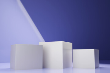 Three white square stands on very pery background. 3d render