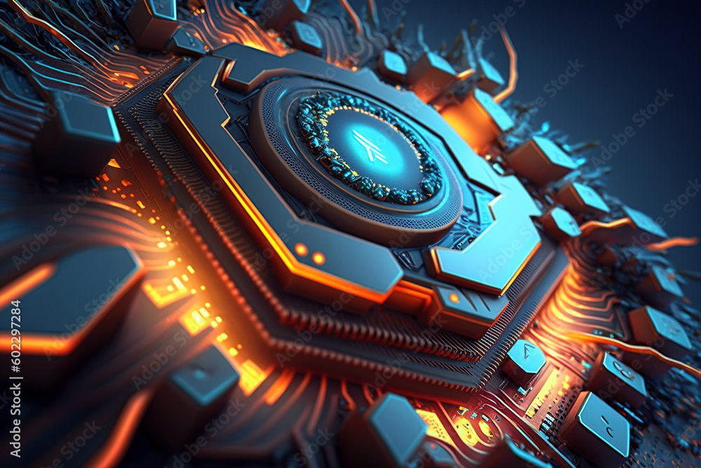 Poster main processor on circuit board, cpu chips inside computer, generative ai