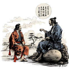 Fototapeta na wymiar Two Chinese talking, illustration, manga, created with generative AI