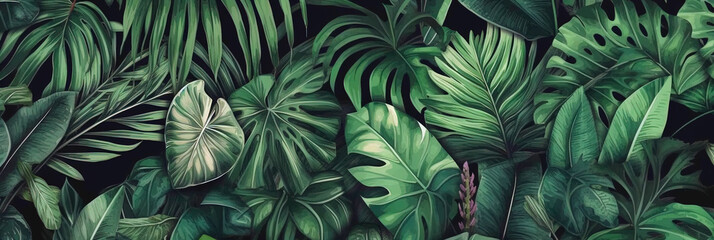 Fototapeta na wymiar Tropical leaves background, banner with green floral pattern, generative AI.