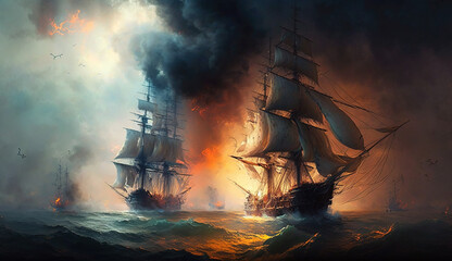 Battle of sea, old sailing ships in fire and smoke, illustration, generative AI.