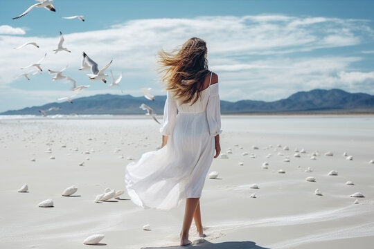 Young woman walks on sea beach alone, adult girl wearing white dress, generative AI.