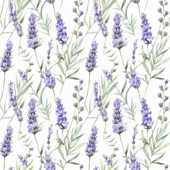 Seamless pattern with many lavender flowers on white background in watercolor style. Generative AI. - obrazy, fototapety, plakaty