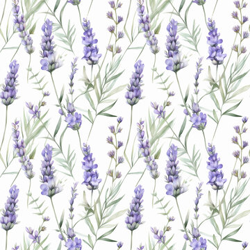 Seamless pattern with many lavender flowers on white background in watercolor style. Generative AI.