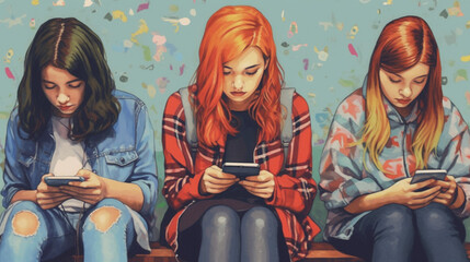 Adolescents addicted on mobile phone - obrazy, fototapety, plakaty