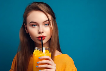 Young woman in orange drinking detox juice with straw on blue wall, generative ai