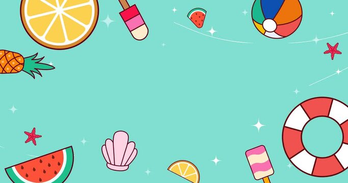 4k colorful summer background animation with space area. fruits, orange, ice cream, and beach ball.