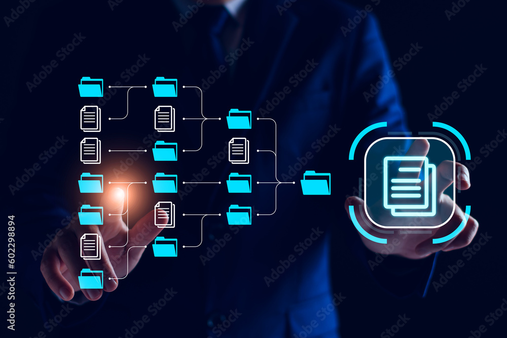 Poster document management system, dms and business process system automation technology. finger touching d