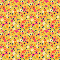 Ditsy floral pattern. Abstract flowers on light yellow background. Printing with small white, pink and orange flowers. Cute print. Seamless vector texture. Spring bouquet.