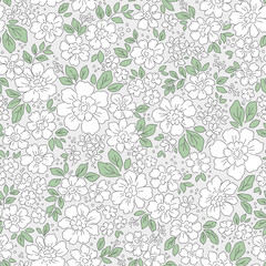 Beautiful floral pattern in small flowers. Delicate white flowers. Light gray background. Liberty print. Floral seamless background. Trendy template for fashion prints. Stock pattern.