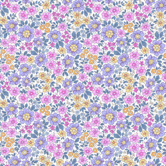 Ditsy floral pattern. Pretty flowers on white background. Printing with small pink, yellow and lilac flowers. Cute print. Seamless vector texture. Stock vector. Printing on surfaces. Abstract flowers.