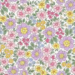 Vector seamless pattern. Pretty pattern in small flowers. Small lilac and yellow flowers. White background. Trendy floral background. Elegant template for fashion prints. Stock vector.