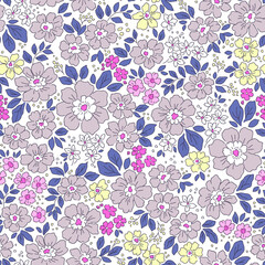 Cute floral pattern in small flowers and leaves. Delicate lilac flowers. White background. Liberty retro print. Floral seamless background. Elegant template for fashion prints. Stock pattern.