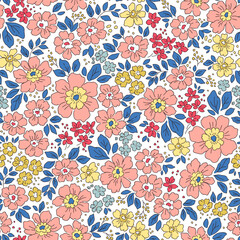 Beautiful floral pattern in small flowers. Small colorful flowers. White background. Liberty print. Floral seamless background. Trendy template for fashion prints. Stock pattern.