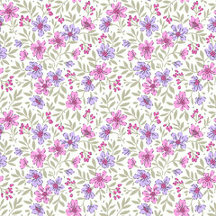 Fototapeta na wymiar Beautiful floral pattern in small cute flowers. Small pink and lilac flowers. White background. Ditsy print. Floral seamless background. The elegant the template for fashion prints. Stock pattern