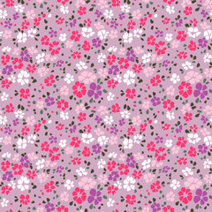 Ditsy floral pattern. Pretty flowers on lilac background. Printing with small white and pink flowers. Cute print. Seamless vector texture. Pattern for design and fashion prints. Spring motif