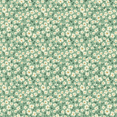 Vector seamless pattern. Pretty pattern in small flowers. Small white flowers. Green gray background. Ditsy floral background. Delicate template for fashion prints. Stock vector.