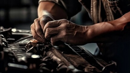Automobile mechanic repairman hands repairing a car engine automotive workshop with a wrench. Copy space. Generative AI. 5