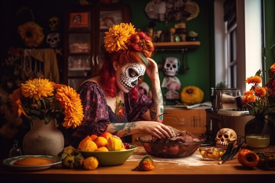 Mexico's Day of the Dead background, El Dia de Muertos, created with Generative AI	
